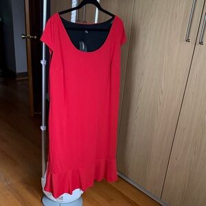 Scoop-Neck Red Midi Dress with Ruffle Hem
